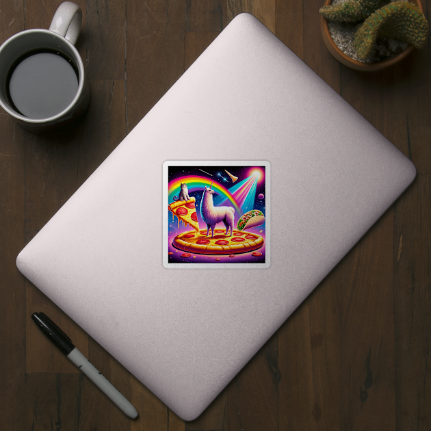 Funny Cool Llama Alpaca with Pizza and Cat Vibrant by logiamerch